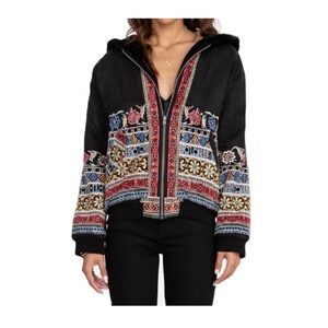 LIKE NEW Johnny Was embroidered silk + faux fur reversible Malini bomber jacket
